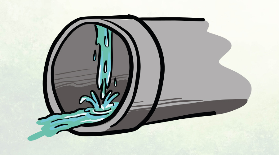 Grafisk tegning af kloakrør med vand, der siver ind